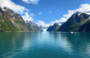 Orca swimming in the clear waters of a glacial fjord surrounded by snow capped mountains