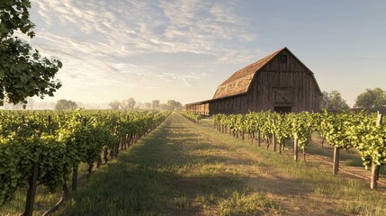 Serene Vineyard Landscape: Ultra-Detailed View of Rustic Barn and Grapevines