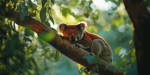 Obraz premium Sleepy Red Koala in Eucalyptus Tree
