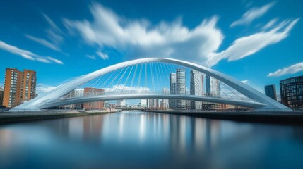 Obraz premium Modern Arch Bridge Over a Serene River with City Skyline Reflections