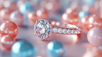 Elegant diamond engagement ring surrounded by colorful pearls in a soft focus setting. Generative AI