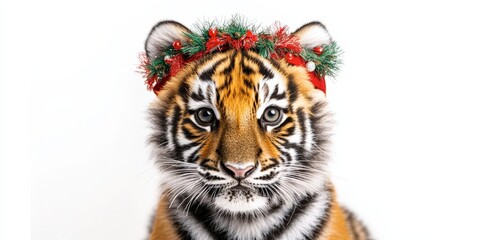 Obraz premium Festive Tiger Cub Portrait Against White Background