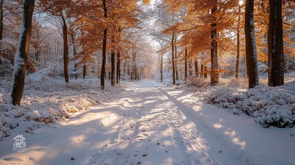 Sunlit snowy path through autumnal forest.