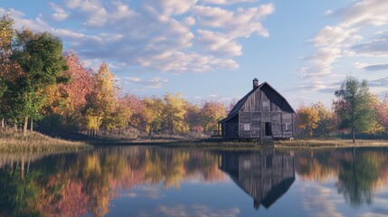 Fototapeta premium Tranquil Autumn Scene with Weathered Barn by Serene Lake | Ultra-Detailed Photorealistic Image