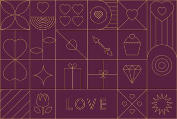 Modern Valentine's day geometric background with simple line elements. Creative abstract bauhaus design. Vector illustration