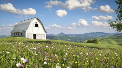Tranquil Countryside Scene: Charming White Barn Surrounded by Rolling Green Hills and Wildflowers against Mountain Backdrop - Ultra-Detailed Realistic Image
