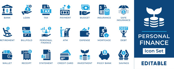 Personal Finance Icon Set. Editable icons for increase, monitoring, portfolio, profit, icon, retirement, revenue, financial, fund, and earning.