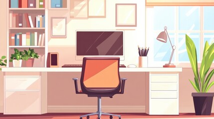 Fototapeta premium Modern Workspace with Bright Sunlight and Stylish Decor Featuring an Ergonomic Chair, Computer, Desk Accessories, and Indoor Plants for Productivity and Comfort