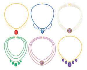 Set of beautiful jewelry necklaces in cartoon style. Vector illustration of precious necklaces and pendants, triple with different stones, pearls, clasps isolated on white background. Luxury jewelry.