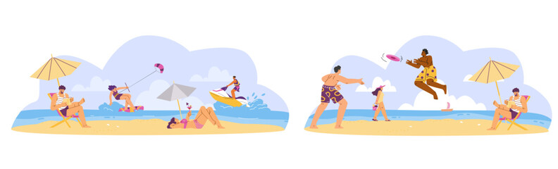 Obraz premium Summer beach sea sport, leisure activities and recreation vector set, playing team game, riding water scooter, sunbathe