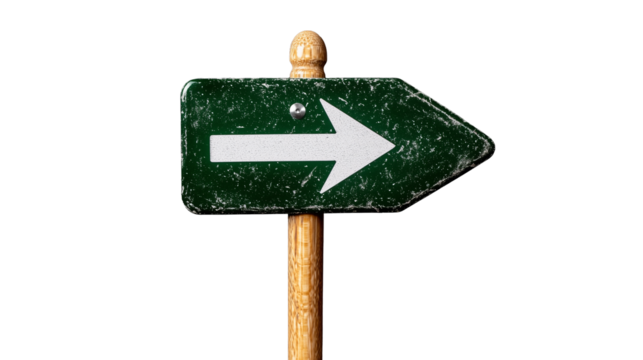 Green arrow sign pointing right on transparent background