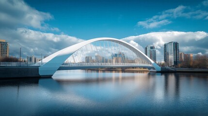 Obraz premium Stunning modern bridge arches over calm water, surrounded by city buildings under a bright blue sky, showcasing architectural beauty.