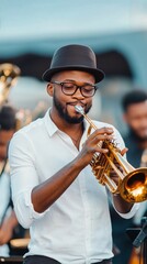 Obraz premium Musician plays trumpet passionately during outdoor performance at sunset event