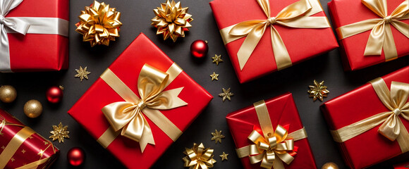 A top-view arrangement of red gift boxes with gold ribbons and festive ornaments on a black background, creating a luxurious and modern composition.