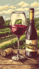 A glass of red wine beside a bottle, set against a vineyard landscape.