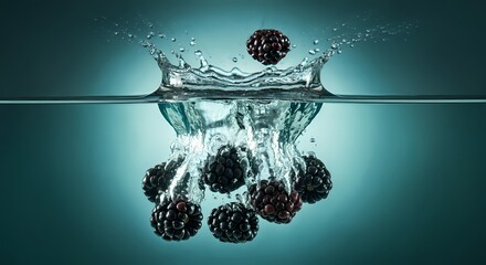 Black Berries Berry Falling into Splashing Water, Delicious Fruit, Healthy Health Food, Clear Wet & Refreshing Splash