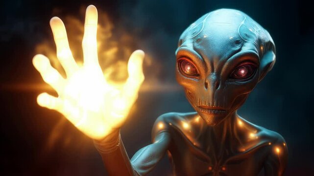A futuristic alien with glowing red eyes, illuminated neon patterns on its body, and a raised hand emitting blue light, set against a dark, otherworldly background.