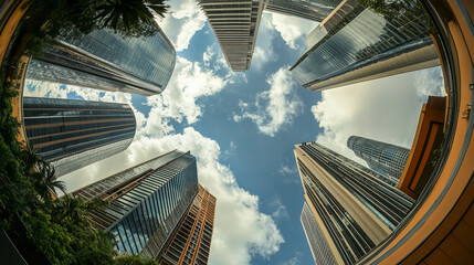 Modern urban skyscrapers reaching towards a cloudy blue sky in a vibrant cityscape