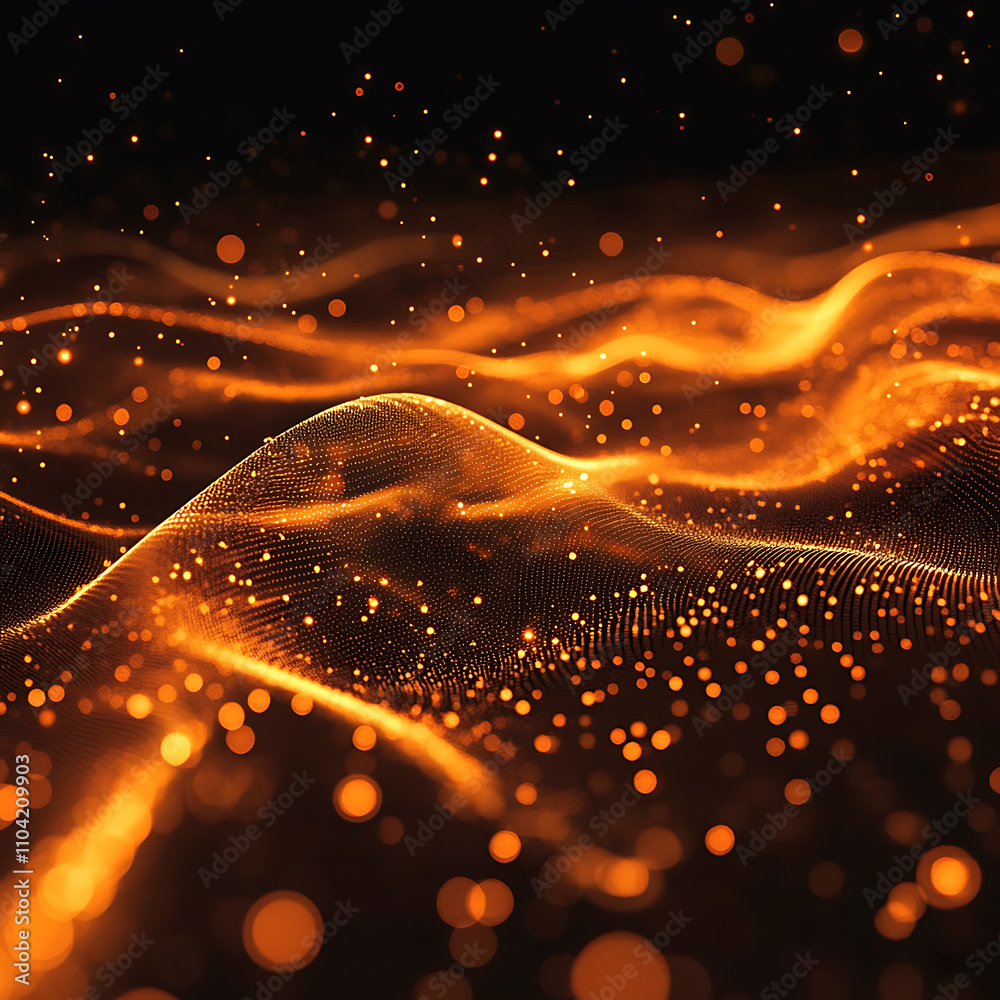 Fototapete Abstract digital wave pattern with glowing particles. Dynamic abstract image of glowing particles forming wavy lines on a dark background.