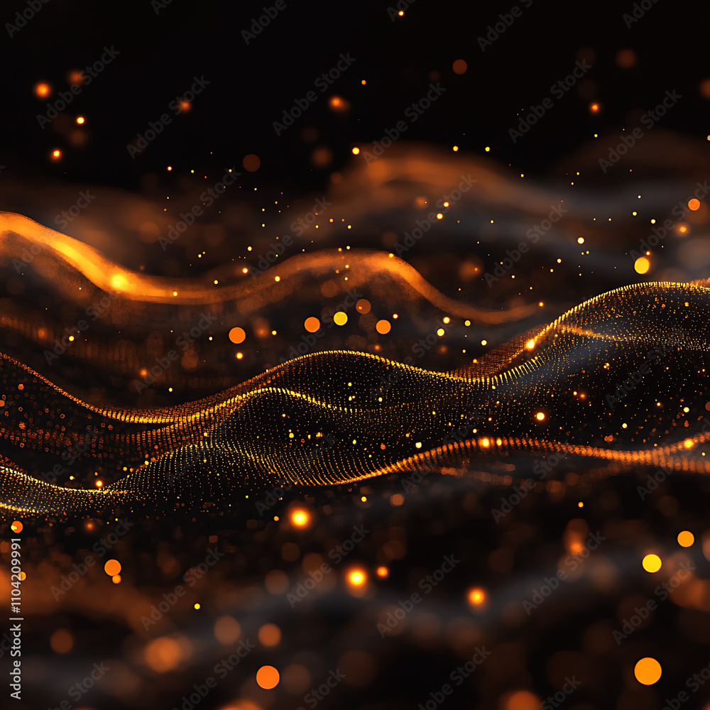 Fototapete Abstract digital wave pattern with glowing particles. Dynamic abstract image of glowing particles forming wavy lines on a dark background.
