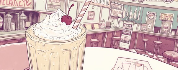 A creamy milkshake topped with whipped cream and a cherry in a vintage diner setting.