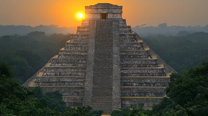 Here's a suggested  and keywords for your stock photo.. Majestic Mayan pyramid at sunrise, shrouded in mist.