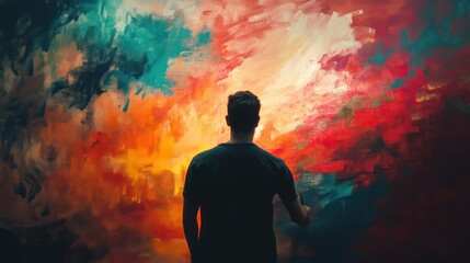 A person stands before a vibrant abstract painting, contemplating creativity and expression.