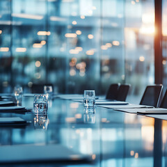 Empty glasses on a meeting table, blurred city views. A close-up view of two empty glasses on a meeting table, subtly reflecting the warm, blurred lights of a city seen through the large window.