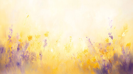 A warm abstract background features a field of soft yellow and purple flowers, creating a serene and dreamy atmosphere reminiscent of a sunny meadow
