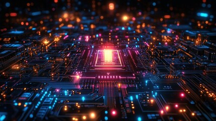 A vibrant, futuristic circuit board with glowing lights and intricate patterns.