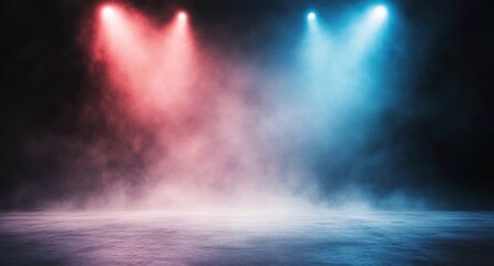 Fototapeta premium Mysterious stage with colorful lights and fog ready for performance
