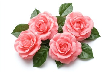 Obraz premium Four light pink roses with green leaves arranged in a circle on a white background.