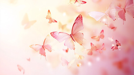 Abstract background of delicate butterflies in soft pastel colors fluttering gracefully across a dreamy light backdrop