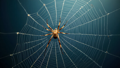 Obraz premium Spider in intricate web with soft lighting on gradient blue background