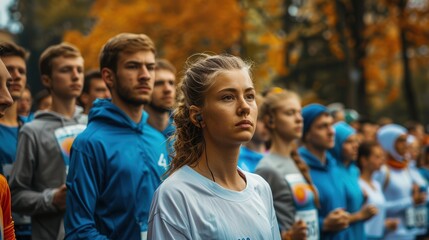Participants gather in a vibrant autumn park for an exciting running event filled with energy and determination. Generative AI