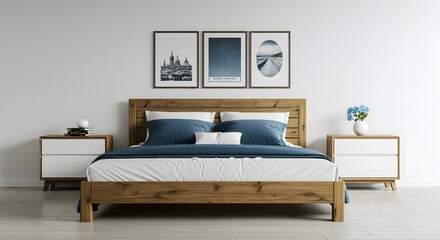 Rustic wooden bed with blue pillows and two bedside cabinets against white wall with three posters frames. Farmhouse interior design of modern bed room.