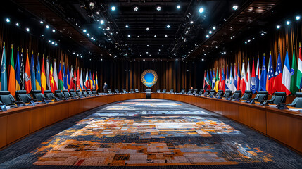 Global leaders convene for climate change summit with prepared seating and national flags