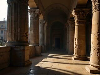 Fototapeta premium Ancient Roman columns in a sunlit hallway.