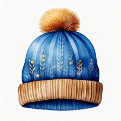 Cute watercolor beanie hat with pompom clipart vector with blue and gold color for winter element decoration for scrapbooking or poster or greeting card or sticker or printables