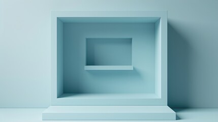 A minimalist blue display featuring nested geometric shapes and shadows.