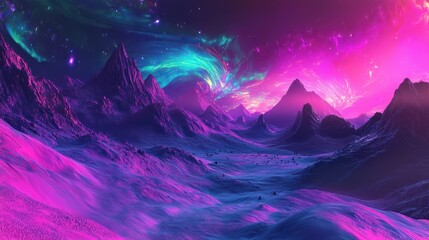 A vibrant alien landscape with colorful skies and rugged mountains.