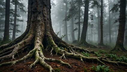 Obraz premium Ancient tree with exposed roots in a misty forest.