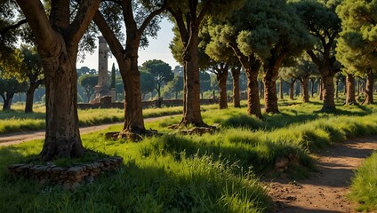 Obraz premium Ancient Via Appia Antica in Rome, surrounded by greenery.