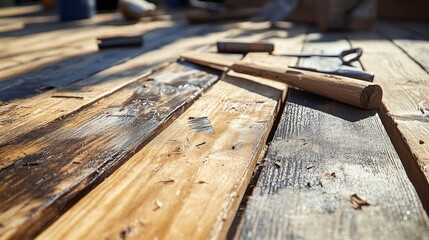 Close-up of wooden planks and tools, suggesting construction or renovation work.