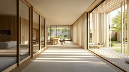 Obraz premium Modern interior showcasing open space with wooden elements and natural light.
