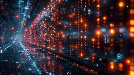 Fototapeta premium Digital landscape illuminated by vibrant data streams in a futuristic corridor during nighttime exploration. Generative AI