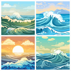 Ocean Waves Illustration: Four Scenes of Serene Seascapes