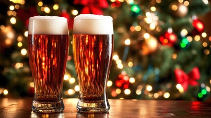Two glasses of beer on a table with a festive Christmas tree in the background.