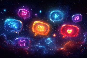 A cosmic scene featuring colorful speech bubbles with various symbols representing emotions and music.
