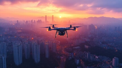 A drone captures a stunning sunset over a city skyline, showcasing technology and nature.
